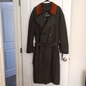 Men's Olive Green London Fog Trench Coat with Leather Collar